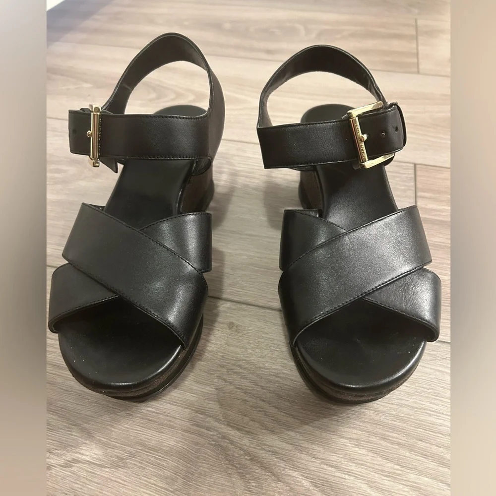 Michael Kors Black Leather Platform Wedge Sandals with Gold Buckle (Size 7)